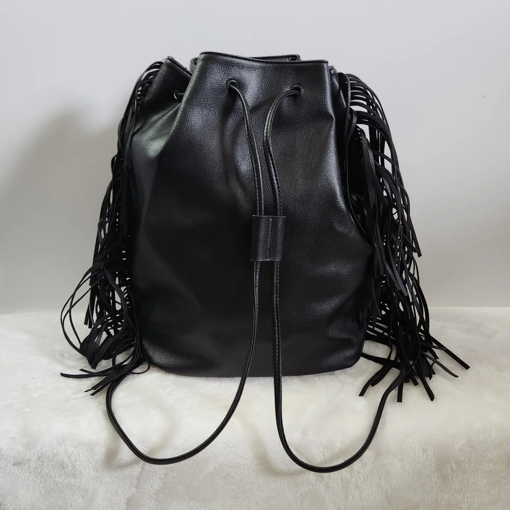 Victoria's Secret VS Black Faux Leather Western Boho Fringe Backpack NWT - Picture 9 of 16